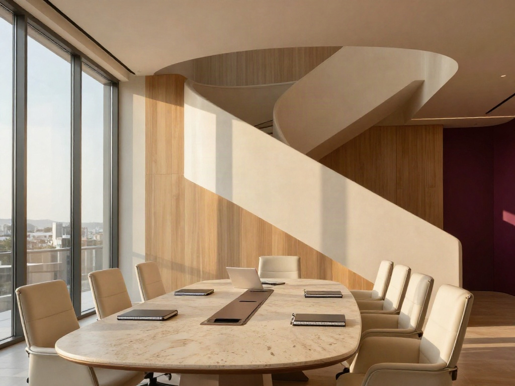 Sunlit contemporary boardroom with a rising curved staircase and a long conference table